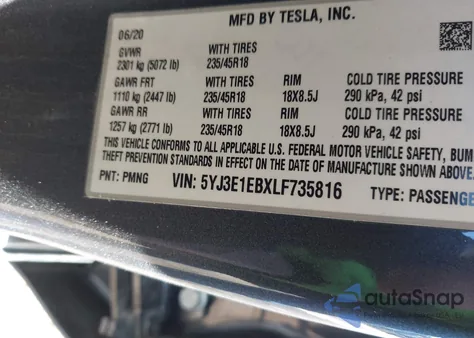2020 Tesla Model 3 Long Range Dual Motor All-Wheel Drive from USA, damaged, VIN 5YJ3E1EBXLF735816
